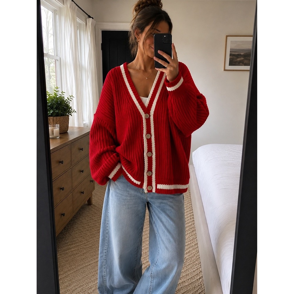 I Love Mr Mittens Ella Cardigan Red Chunky Oversized Knit Size M/L